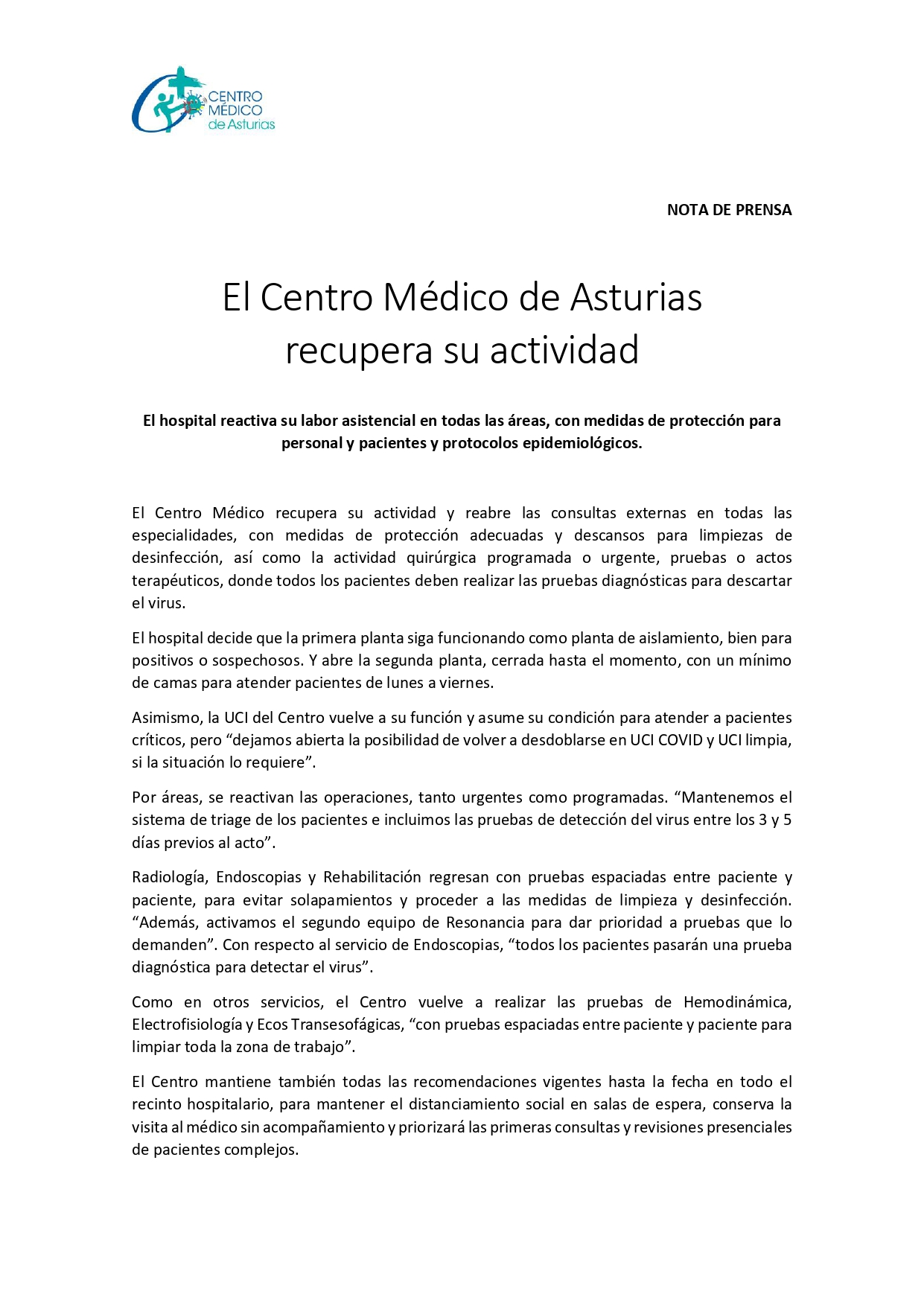 El Centro Mdico de Asturias recupera su actividad