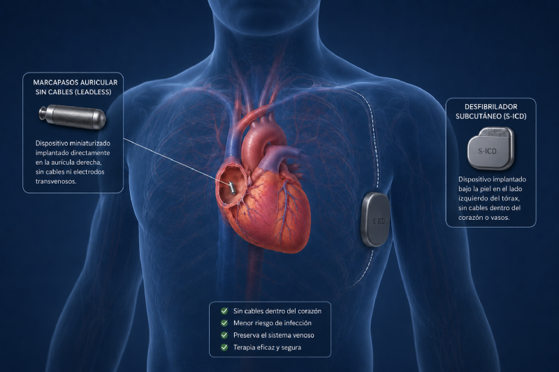 Marcapasos auricular sin cables y desfibrilador subcut�neo